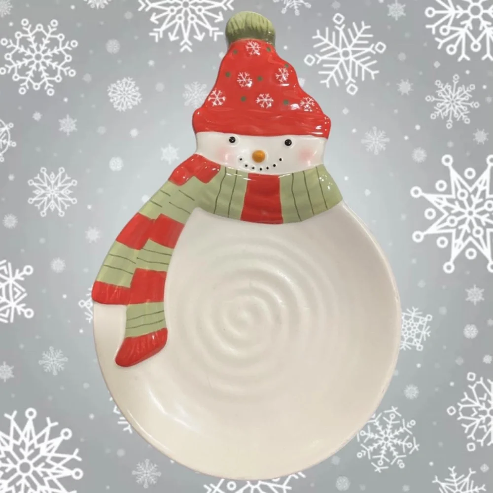 Hallmark Christmas Snowman Candy Dish Wearing a Green and Red Scarf & Hat